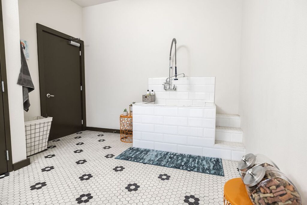 A tiled room with a raised bathtub, a rug, and a faucet. A door is on the left, and containers with treats sit on the floor.